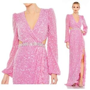 NWT Mac Duggal 5745 Orchid Pink Sequined Faux Wrap Cut out Puff Sleeve Gown 4